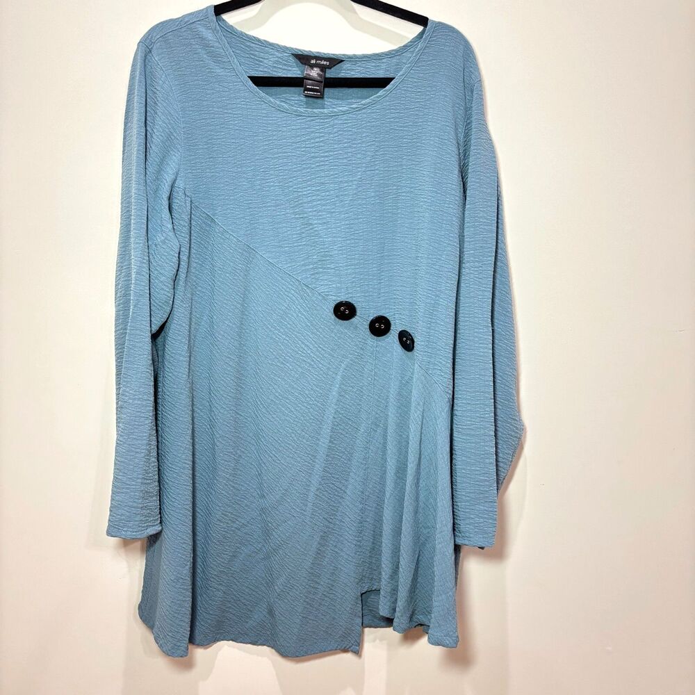 Ali Miles Tunic Top Women 1X Powder Blue Buttons Crinkle Art-to-Wear Lagenlook